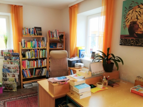 Eingangsbereich mit Sachbüchern im Hintergrund